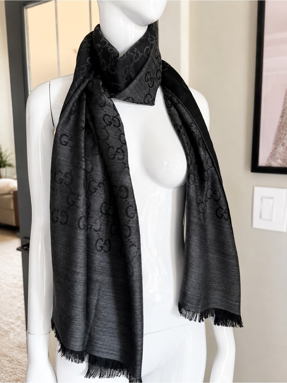 Gucci Black GG Jacquard Silk-Blend Scarf